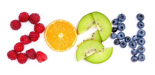 Fruits. New year 2024 made of mixed fruits and berries on the white background. Top view. Healthy food