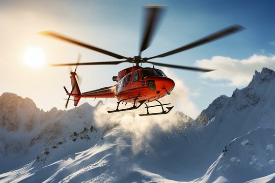 Helicopter lifts off snowy Alaskan mountain for heli-skiing. Generative AI
