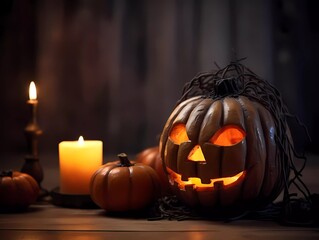 Halloween decorations background. Pumpkins on a dark background. Holiday Halloween. Ai Generative