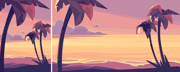 Landscape with palm trees and ocean at sunset. Summer landscape in different formats.