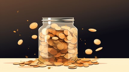 Minimalistic 2D Illustration of a Savings Jar: A transparent jar filled with coins, symbolizing personal savings