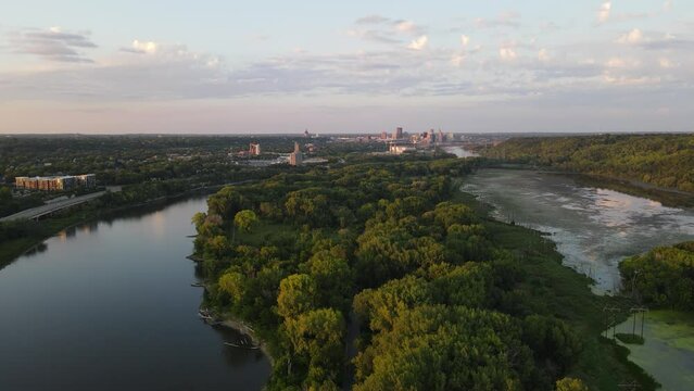 Drone shot of downtown St. Paul Minnesota at Sunset