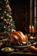 Christmas roasted turkey with cranberries and oranges on rustic wooden table