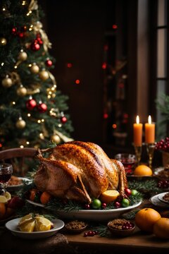 Christmas roasted turkey with cranberries and oranges on rustic wooden table