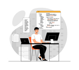 Backend development of software and programming concept. Man web developer creating program code. Programmer workplace. Illustration with people scene in flat design for website and mobile development