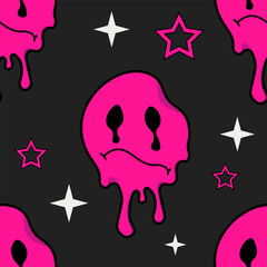 Emo pattern on a black background with an acid pink sad smile and stars. Trend pattern in retro style of the 2000s - obrazy, fototapety, plakaty