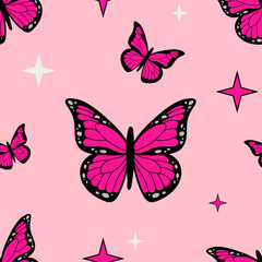 Pink emo pattern with acid pink and black butterflies and stars. Vector pattern in retro style of the 2000s - obrazy, fototapety, plakaty