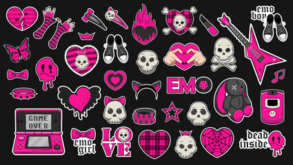 Set of trendy emo stickers in black and acid pink colors. Emo attributes, skulls, sad emoticons, hearts with patterns, game console with game over, clothing items