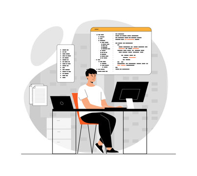 Backend development of software and programming concept. Man web developer creating program code. Programmer workplace. Illustration with people scene in flat design for website and mobile development