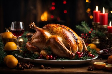 Christmas roasted turkey with cranberries and oranges on rustic wooden table