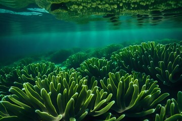 Fototapeta premium Underwater view of a group of seabed with green seagrass concept about nature