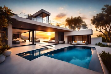 Fototapeta na wymiar Modern Luxury home with pool at sunrise, contemporary villa architecture, resort style features offers a picturesque setting for a summer vacation Concept about home