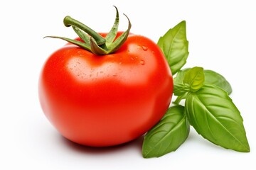 A ripe tomato with fresh basil leaves on a white background. Generative AI