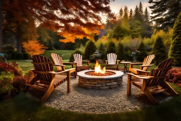 Outdoor fire pit area in your backyard with lawn chairs  summer or autumn nights with family and friends