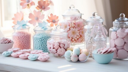 Obraz na płótnie Canvas Photo of a colourful display of candy-filled glass jars on a table ready for a baby shower - created with Generative AI technology