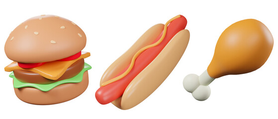 3D set of fast food concept, Cheeseburger ,hotdog and fried chicken isolated on white background, 3D rendering minimal junk food icon design.