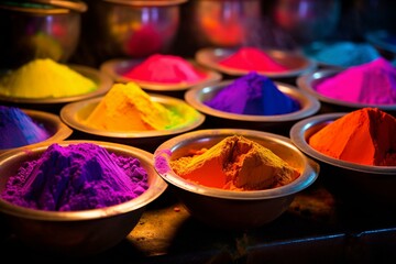 A vibrant photograph showcasing the colorful powders used in Holi celebrations. Generative AI