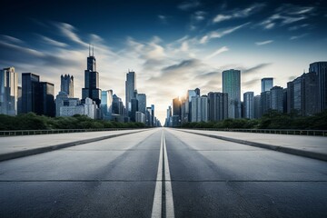 Fototapeta na wymiar Empty road in Chicago with cityscape; symbolizing success, logistics, and fast delivery. Generative AI