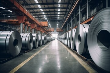 Metal sheet rolls stored in a factory warehouse. Generative AI