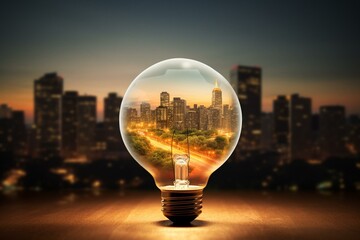 Urban landscape light bulb representing clean energy, illuminating a brighter future for all. Generative AI