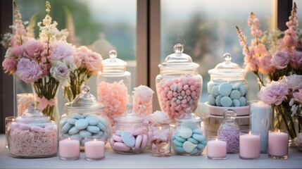 Photo of a colourful display of candy-filled glass jars on a table ready for a baby shower - created with Generative AI technology