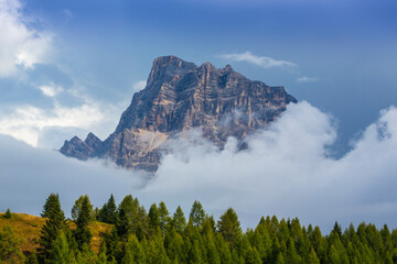 Landscape in the Dolomite Mountains, Italy, in summer, with dramatic storm clouds
