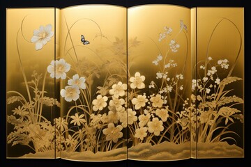 Decorative golden folding screen featuring iris and hydrangea motifs. Generative AI