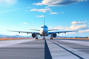 Airplane on runway ready for takeoff with blue sky background. 3D render. Generative AI - obrazy, fototapety, plakaty