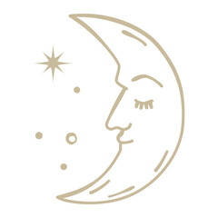 Gold crescent moon illustration with face. closed eyes. Vector hand drawn mystical element.