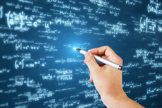 Close up of male hand using glowing digital math formulas hologram on blurry background. Ai and statistics, education concept.