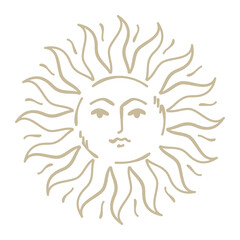 Gold sun illustration with face. Vector hand drawn mystical element.