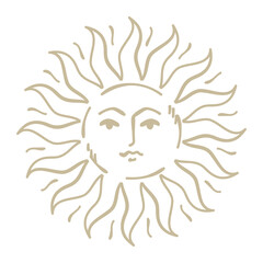 Gold sun illustration with face. Vector hand drawn mystical element.