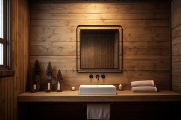 Dim wooden bathroom with mirror and sink. Vacant wall. Generative AI