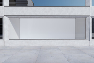 Clean outdoor shopping glass in concrete building. Daylit day. Mock up place for your advertisement. 3D Rendering.