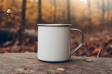 Rustic metal enamel camping mug mockup, nature background, closeup view