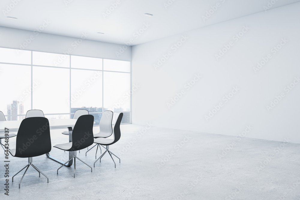 Poster modern white meeting room interior with blank mock up place on wall, furniture and panoramic window 
