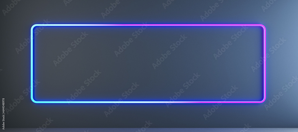 Poster wide dark neon blue gallery interior with mock up frames on concrete wall. future concept. 3d render