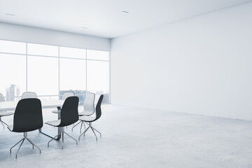 Modern white meeting room interior with blank mock up place on wall, furniture and panoramic window with city view and daylight. 3D Rendering.