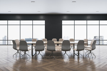 Modern conference room interior with furniture and panoramic window with city view, daylight and wooden flooring with reflections. 3D Rendering.
