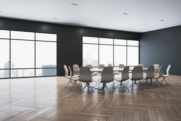 Contemporary conference room interior with furniture and panoramic window with city view, daylight and wooden flooring with reflections. 3D Rendering.
