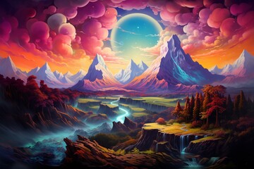A surreal scenery of gleaming peaks and vibrant skies. Generative AI