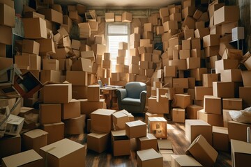 Several boxes scattered across the room. Generative AI