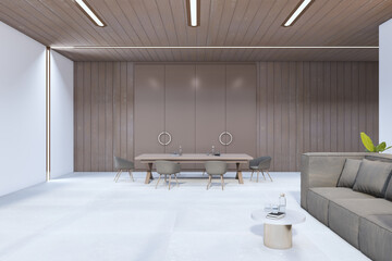Contemporary wooden and concrete living room interior with furniture. 3D Rendering.