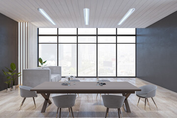 Clean wooden and concrete living room interior with window, city view and furniture. 3D Rendering.