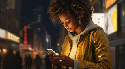 young american girl using smart phone in night city
