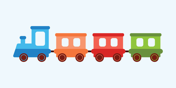 Cute toy train locomotive for kid, engine, wagon, wheels and railway for child. Flat vector illustration for holiday, birthday and shop. Transport children game. 
