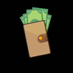 vector brown wallet with green paper dollars money isolated on black button background. finance mobile app or mobile banking icon, label and sign design template. Wallet with money top view