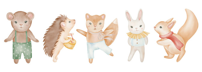 Naklejka premium Christmas set with isolated cute forest animals. Illustration for kids, X-mas holidays.