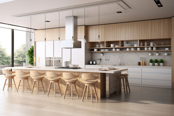 Spacious kitchen with a stylish interior and seating area