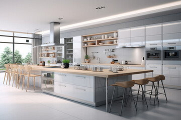 Spacious kitchen with a stylish interior and seating area